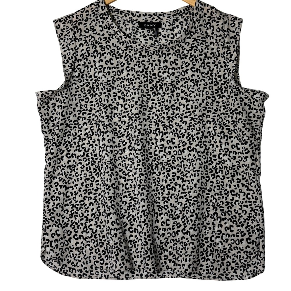 DKNY Womens XL Taupe Blush Leopard‎ Print Satin Sleeveless Blouse Animal